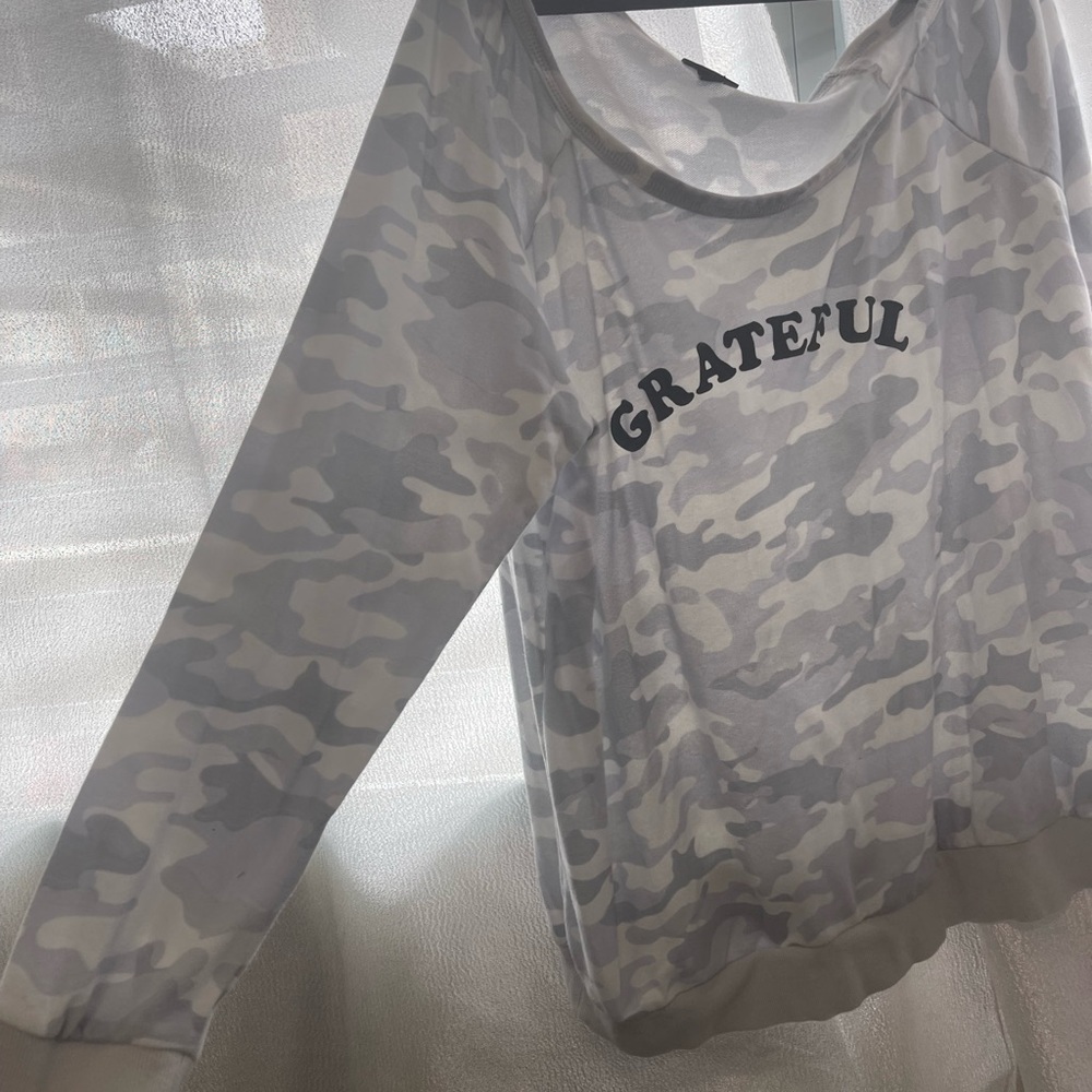 Grateful Light Grey Camo Off Shoulder Sweatshirt